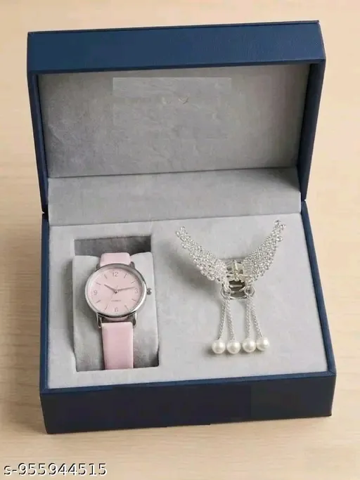 Women Watch & Sparkling Stone Hair Clip Combo Set